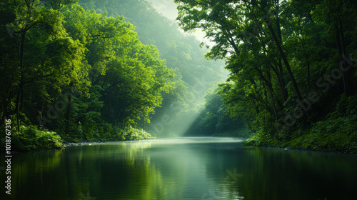 tranquil river flowing through dense forest, surrounded by lush greenery and soft light filtering through trees, creates serene and peaceful atmosphere