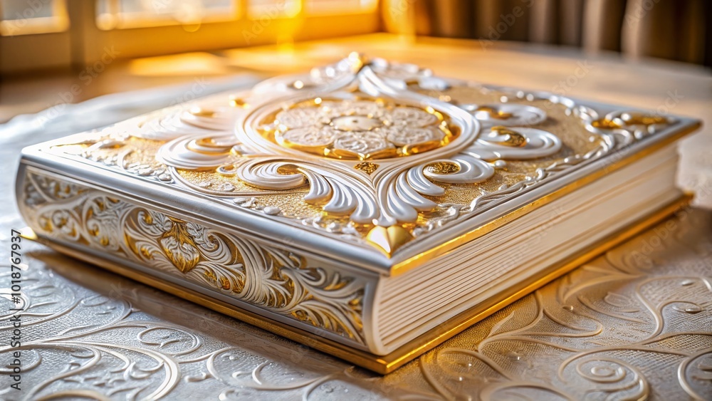 Elegant White Gold Book with Intricate Cover Design on a Soft Background for Luxurious Displays Elegant White Gold Book with Intricate Cover Design on a Soft Background for Luxurious Displays