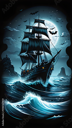 Chilling Ghost Ship: A Haunted Sea Voyage in Graphic Design T-Shirt photo