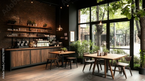 A stylish cafe interior with a brick wall, wooden tables, and lush greenery, offering a serene space for socializing, reflection, and relaxation amidst urban buzz.