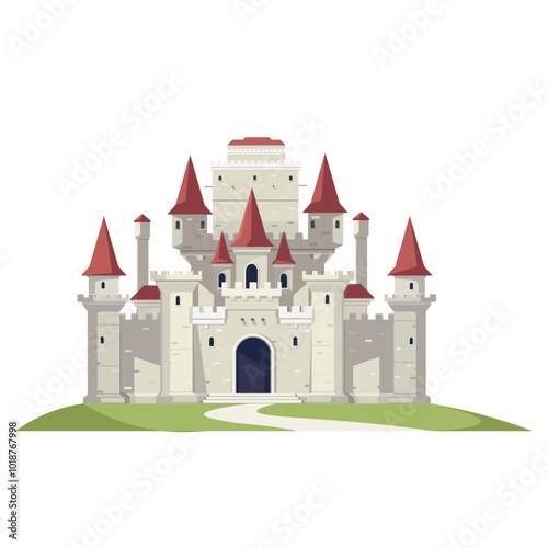 A large castle with red roofs and towers set on a green hill. Vector illustration