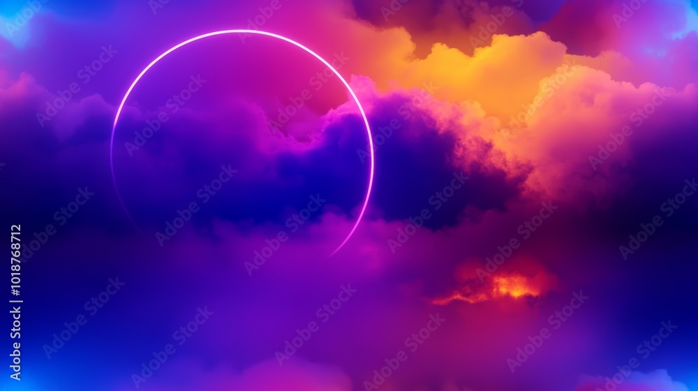 Seamless 3d render, abstract cloud illuminated with neon light ring on dark night sky. Glowing geometric shape, round frame , isolated on white background, , copy space for text,