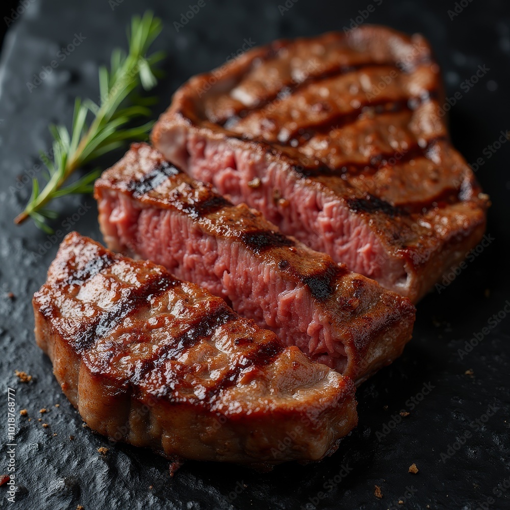 Juicy grilled steak slices served on a dark stone platter with fresh tomatoes and herbs beside it in soft lighting Juicy grilled steak slices served on a dark stone platter with fresh tomatoes and herbs beside it in soft lighting