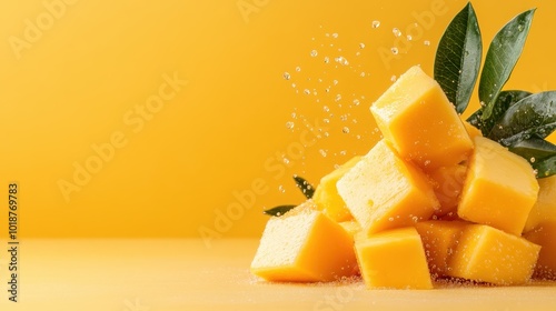 Vibrantly colored yellow cheese cubes are carefully arranged with fresh green leaves, creating a visually appealing and mouth-watering presentation, perfect for ads. photo