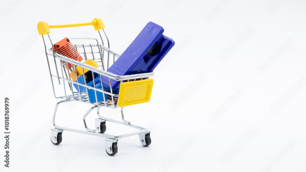 Shopping cart with spare parts for a 3D printer Shopping cart with spare parts for a 3D printer
