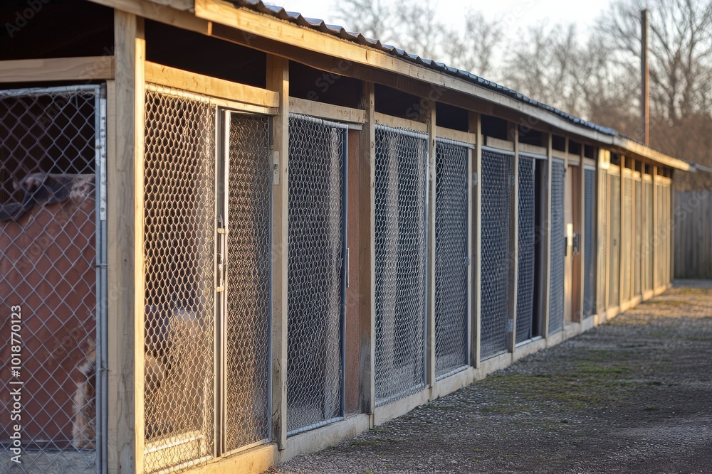 Dog Kennel. Outdoor Fence Kennels for Canine Pets at Empty Building Yard Dog Kennel. Outdoor Fence Kennels for Canine Pets at Empty Building Yard