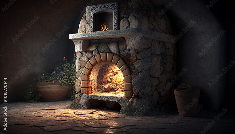 Fototapeta premium Stone Fireplace with Warm Glow and Rustic Charm
