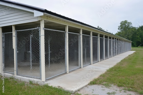 Wallpaper Mural Dog Kennel and Fence: Outdoor Storage Facility for Pets with Empty Building in Background Torontodigital.ca