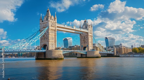 Tower Bridge in London, England, on a sunny day with blue sky and white clouds.