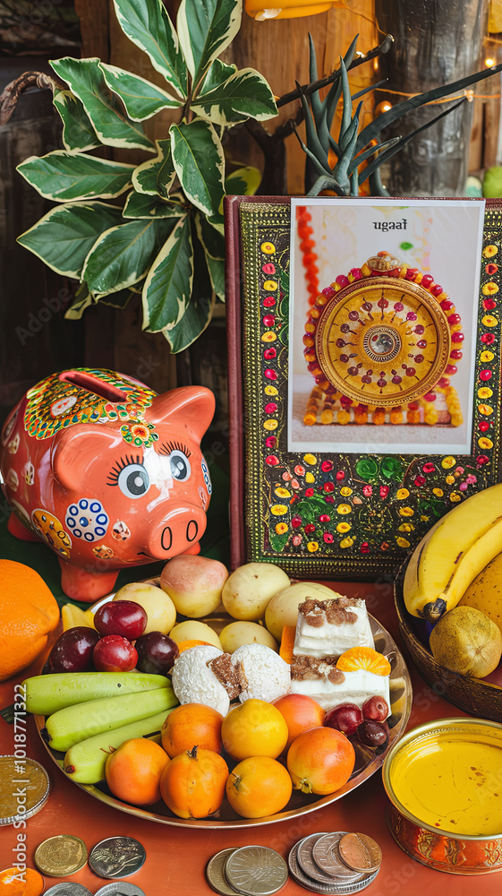 Fototapeta premium A colorful still life with fruits, a piggy bank, a decorative book, and a bowl of coins.