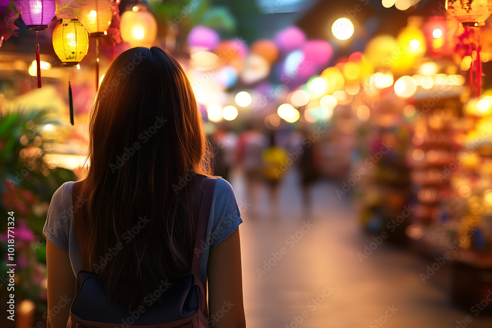blond caucasian woman traveler in summery outfit seen from behind walking the exotic asian street in the night; copy space blond caucasian woman traveler in summery outfit seen from behind walking the exotic asian street in the night; copy space