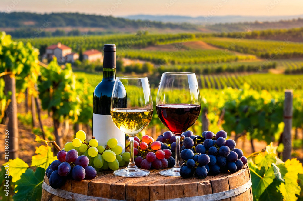 Two glasses of wine on an oak barrel in a vineyard at sunset.