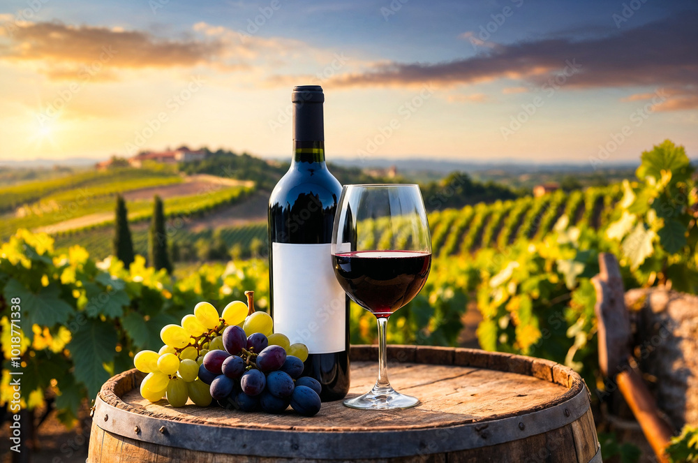 Two glasses of wine on an oak barrel in a vineyard at sunset.