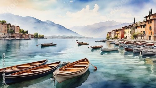 Beautiful scene of boats on lake Como in Italy.