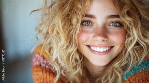 A woman with bright eyes and a radiant smile, featuring curly blonde hair and freckles, wearing a colorful sweater, expressing joy and playfulness in her demeanor.