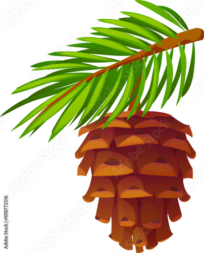 Cartoon pine cone with lush green evergreen needles. Isolated vector seasonal autumn nature forest object. Woody, seed-bearing structure with overlapping, hard scales hanging on pine tree branch