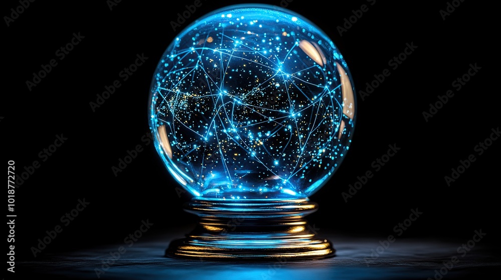 A crystal ball with blue and white glowing lines inside on a black background.
