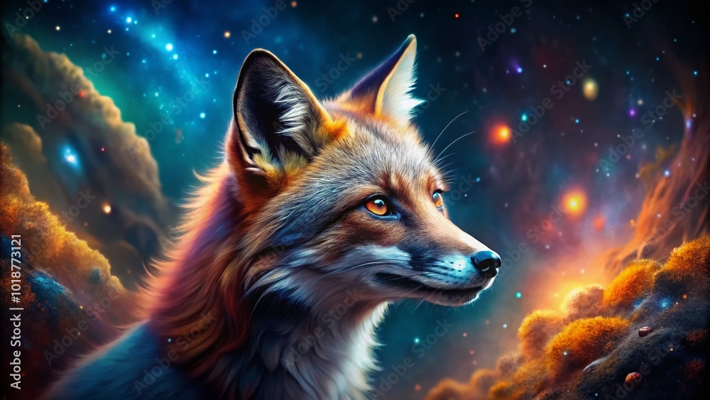 Enigmatic Space Fox Amidst Celestial Wonders in a Vibrant Cosmic Landscape of Stars and Nebulae Enigmatic Space Fox Amidst Celestial Wonders in a Vibrant Cosmic Landscape of Stars and Nebulae
