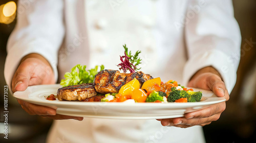 Chef presenting a plate of grilled meat and vegetables.