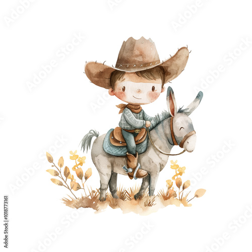 cute cowboy riding donkey vector illustration in watercolor style