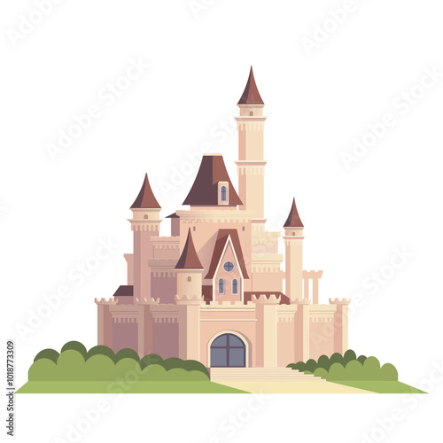 A beautiful castle with towers and a pathway, set against greenery. Vector illustration