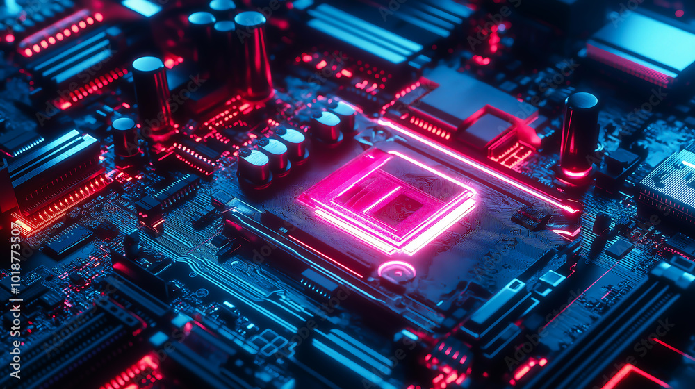Abstract modern computer architecture composition with neon light, Information technology and artificial intelligence concept Abstract modern computer architecture composition with neon light, Information technology and artificial intelligence concept