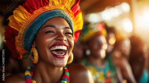 A radiant woman with a wide smile, dressed in vibrant traditional attire, captures the essence of happiness and cultural pride in a lively setting.