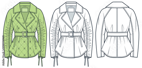 Belted Jacket technical fashion Illustration. Quilted down Jacket fashion flat technical drawing template, drawstring sleeves, front and back view, white, green, women, men, unisex CAD mockup set.