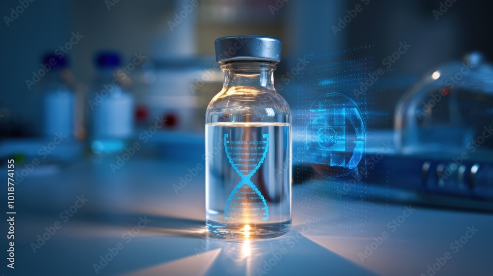 Vial with liquid and DNA graphic, laboratory setting, focus on biotechnology. Vial with liquid and DNA graphic, laboratory setting, focus on biotechnology.
