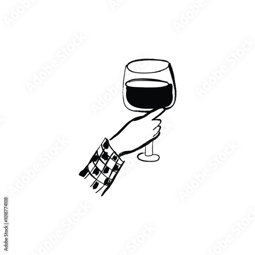 Hand drawn illustration of a hand holding glass. Vector doodle hand made drawing isolated on white background.