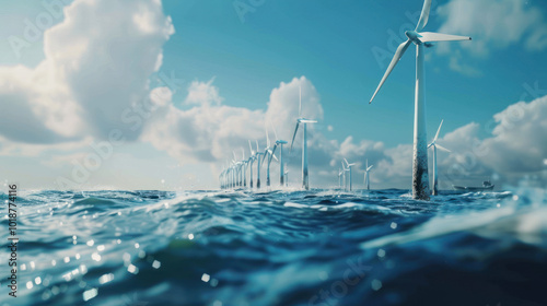 A tidal energy farm off the coast, with futuristic turbines generating clean power from the ocean's movement. Crisp visuals with a focus on sustainability and innovation. photo