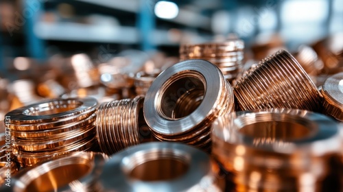 An intricate close-up of neatly arranged bronze nuts and bolts in a workshop, showcasing the precision and craftsmanship involved in metalworking parts assembly. photo