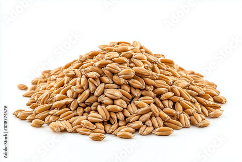 A close-up of a pile of spelt grains on a white background.