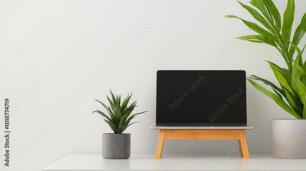 Laptop on stand with decorative plants on a modern white desk, minimalistic setup. Bamboo eco-friendly furniture concept Laptop on stand with decorative plants on a modern white desk, minimalistic setup. Bamboo eco-friendly furniture concept