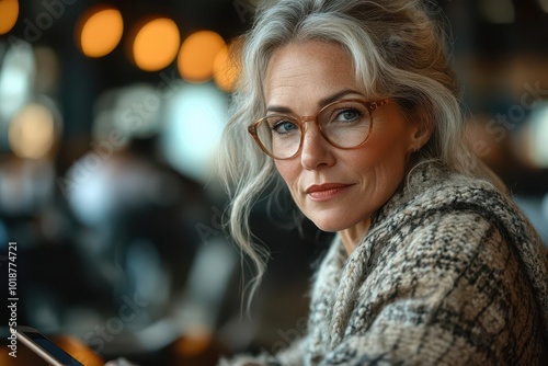 mature female executive seated at a sleek desk focused on her tablet exuding a blend of confidence and contentment in a modern office space warm lighting illuminating her thoughtful expression