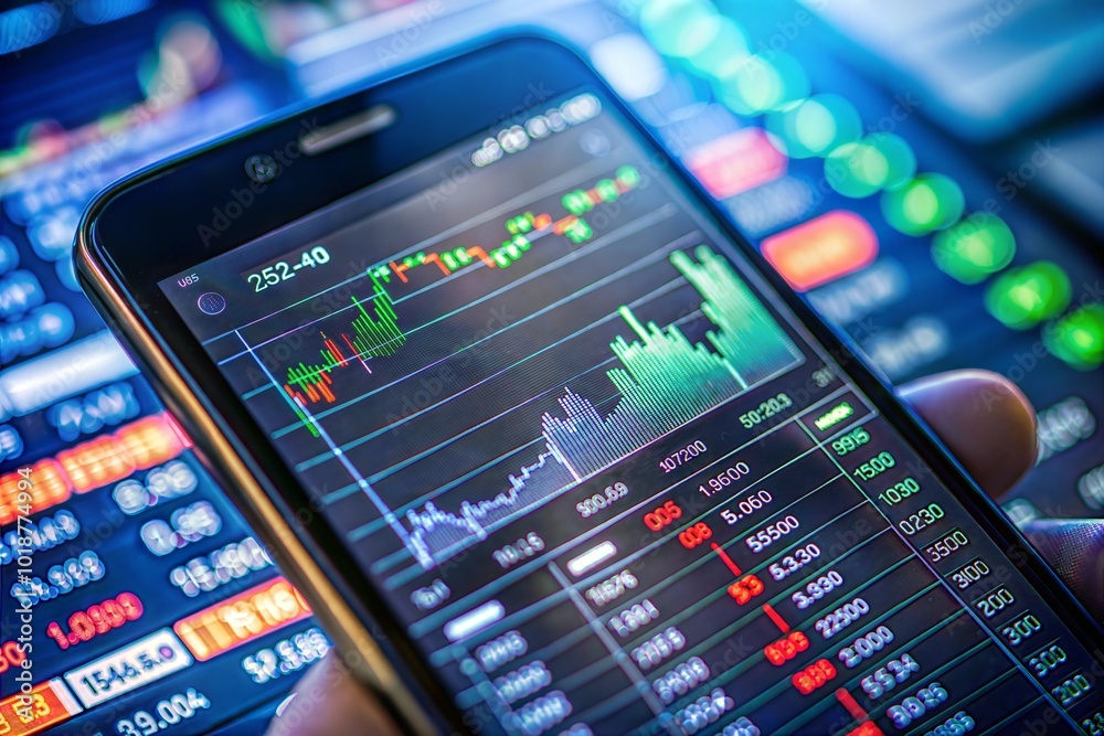 Smartphone displaying stock market data with fluctuating charts and numbers Smartphone displaying stock market data with fluctuating charts and numbers