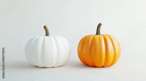 Orange pumpkin and white pumpkin placed on a white background