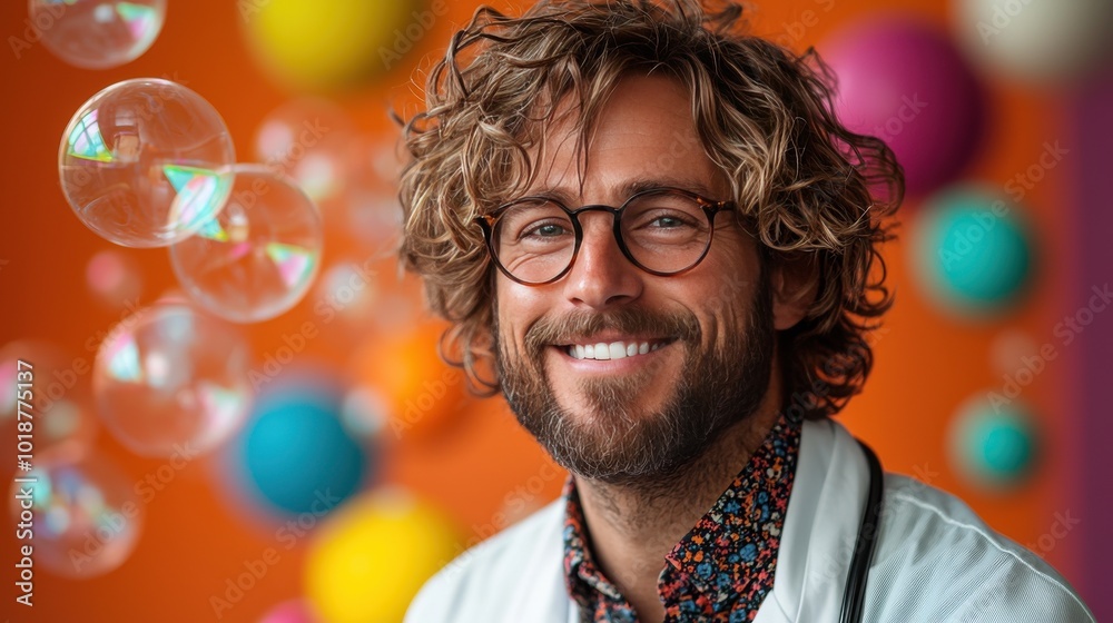A joyful doctor smiles brightly against a vibrant orange background with colorful bubbles and spheres around him A joyful doctor smiles brightly against a vibrant orange background with colorful bubbles and spheres around him