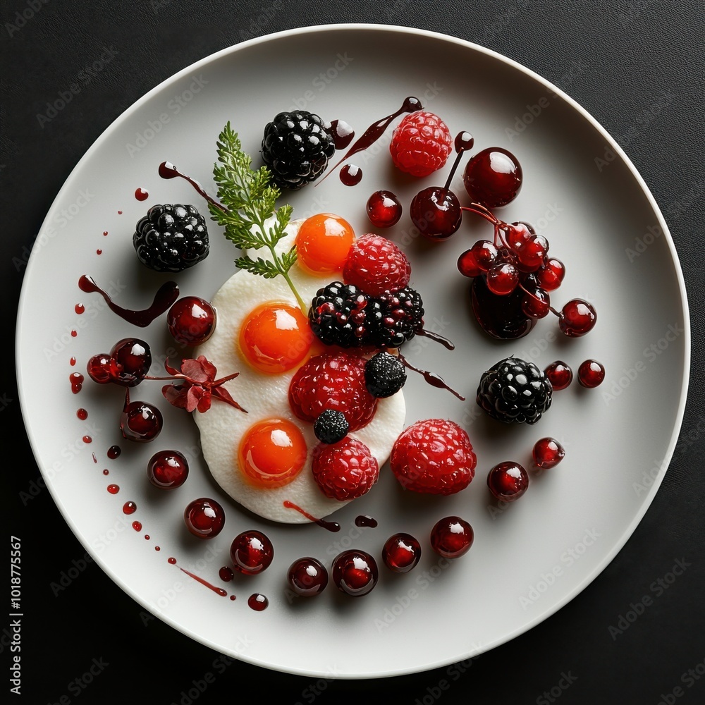 Artfully arranged dessert featuring vibrant berries and colorful fruit spheres on a sleek black plate Artfully arranged dessert featuring vibrant berries and colorful fruit spheres on a sleek black plate