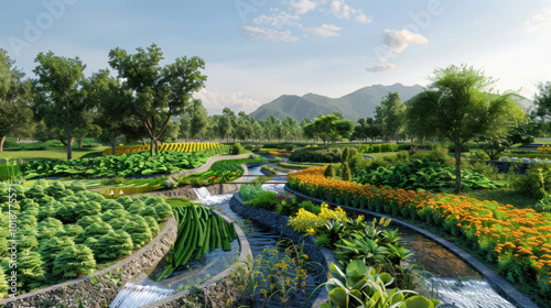 A vibrant landscape designed with permaculture principles, where water flows naturally, and crops grow in harmony with nature photo