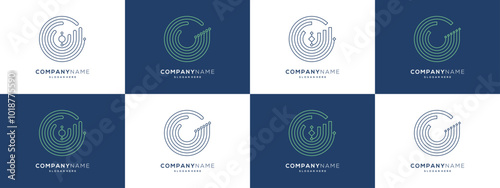 Circular lines dot connection with chart growth logo design ideas. Minimalist outline vector illustration based icon template