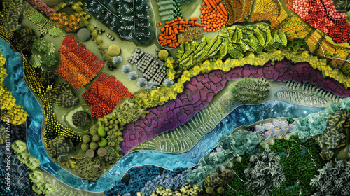 A vibrant landscape designed with permaculture principles, where water flows naturally, and crops grow in harmony with nature