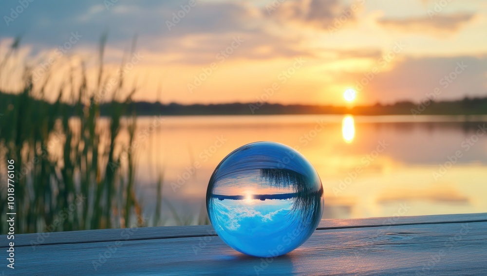 Glass Orb Reflecting Sunset Over Lake Glass Orb Reflecting Sunset Over Lake