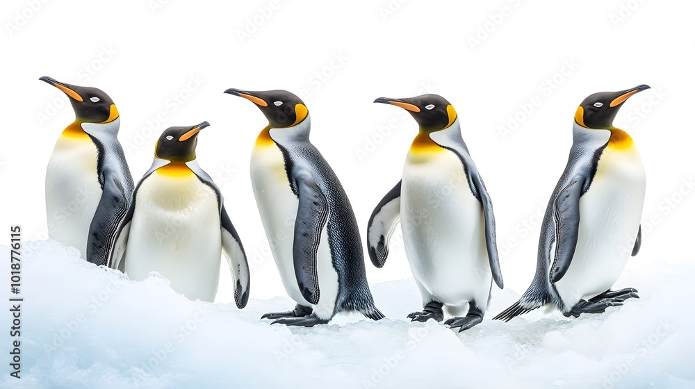 Fototapeta premium Five King Penguins Standing on Ice Against a White Background
