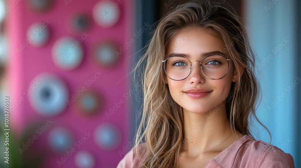 Young woman with glasses smiling in front of a colorful wall while enjoying a sunny day outdoors in a vibrant urban setting Young woman with glasses smiling in front of a colorful wall while enjoying a sunny day outdoors in a vibrant urban setting