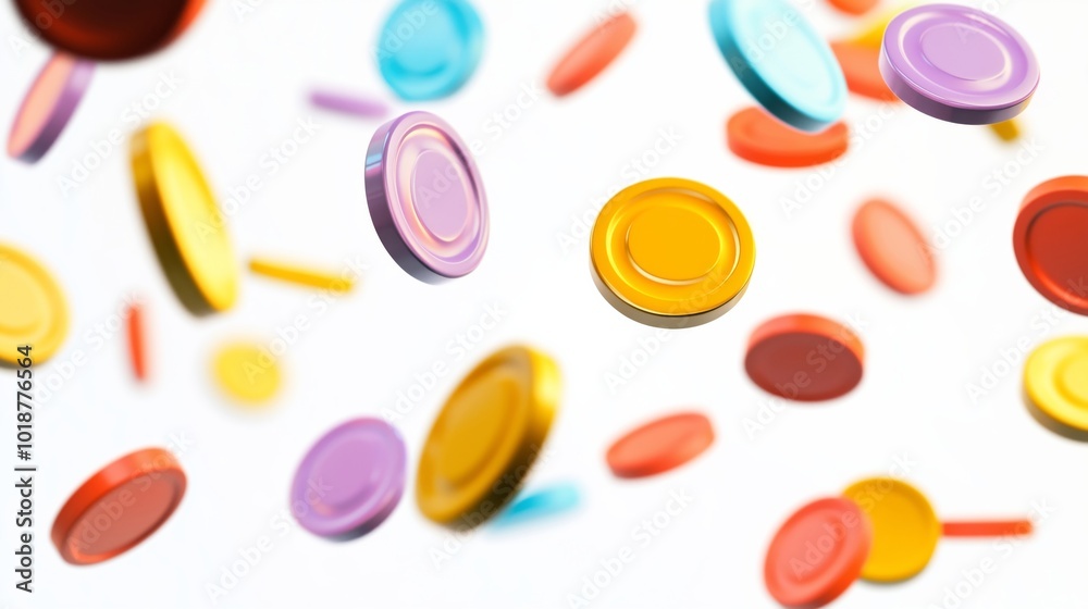 Vibrant Display of Colorful Coins in Dynamic Motion