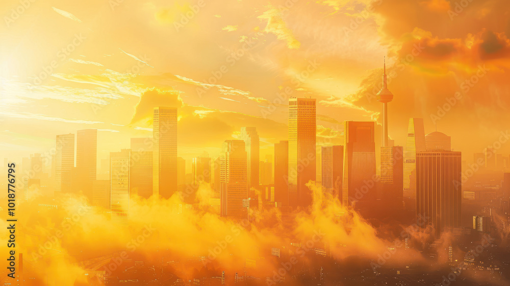 Fototapeta premium City under threat from rising temperatures, with people fighting back by adopting renewable energy and sustainable practices
