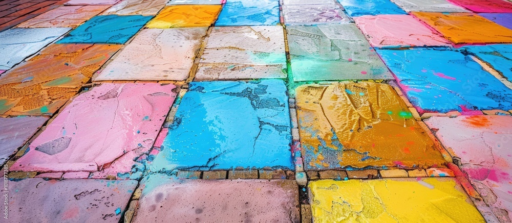 Colorful Paving Slabs Coated With Dry Powders During Festival Colorful Paving Slabs Coated With Dry Powders During Festival