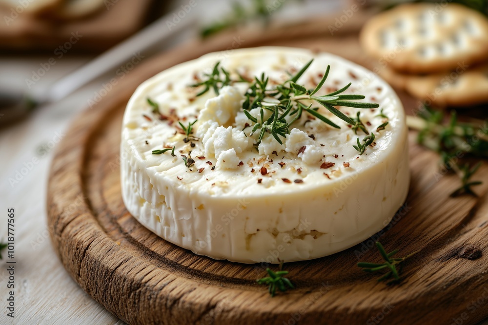 Premium Goat Cheese Ingredient Presentation Close-Up Food Photography with Fresh Herbs, Wooden Cutting Board, and Perfectly Styled Natural Garnishes for a Clean and Professional Look Premium Goat Cheese Ingredient Presentation Close-Up Food Photography with Fresh Herbs, Wooden Cutting Board, and Perfectly Styled Natural Garnishes for a Clean and Professional Look