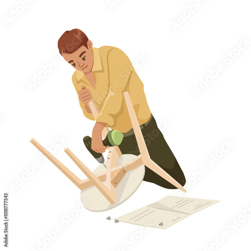 A man is assembling a chair using tools on a white background. Vector illustration